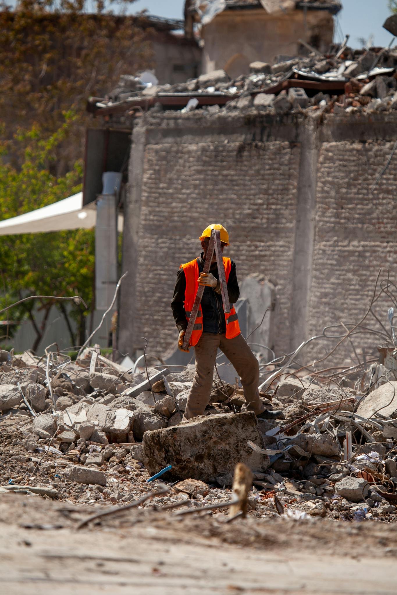 Man Working in Earthquake Ruins